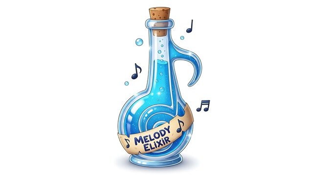 A blue potion bottle with a cork stopper and a label that says melody elixir with music notes around it