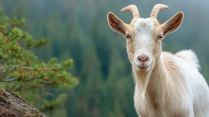 Fototapeta premium Close-up of a light beige goat in a forest setting.