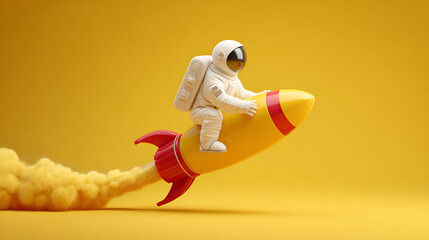 Astronaut riding a cartoonish rocket, launching into a vibrant yellow background with smoke