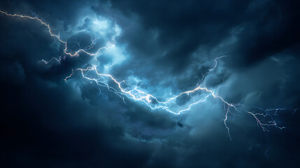 Dramatic lightning strikes illuminate dark storm clouds over a moody sky at dusk