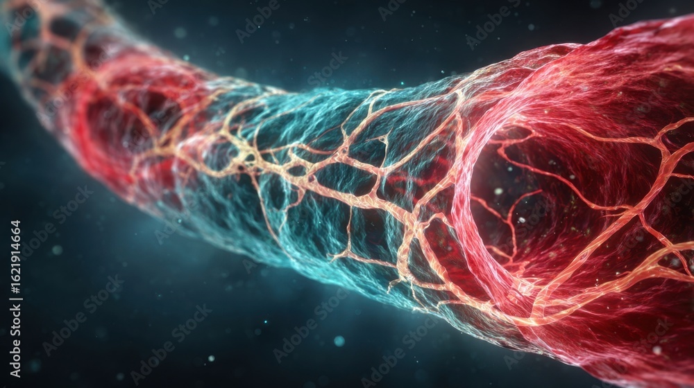Poster highdetail cgi depicting pulseinduced vessel constriction focusing on lumen size reduction and tempe