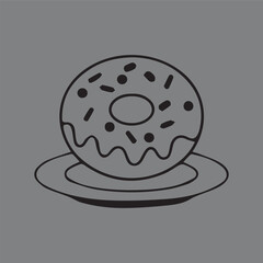 Charming doodle-style illustration of a glazed donut with sprinkles. Minimalist black line art of a sweet pastry on a plate, perfect for cafe menus or food blogs.