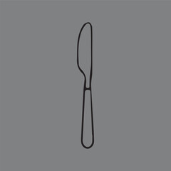 Outline drawing of a single dinner knife on a grey background. Vector graphic of a kitchen utensil for food and restaurant themes.