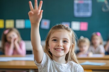 Cheerful student girl eager to answer, hand raised in elementary classroom with positive atmosphere