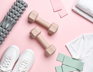 Fitness and sport equipment for a home workout on a pink background. Dumbbells, foam roller, and resistance bands for an active lifestyle.