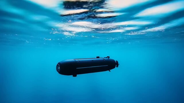 Underwater Exploration: Autonomous Robot Submarine navigating through crystal clear ocean water,