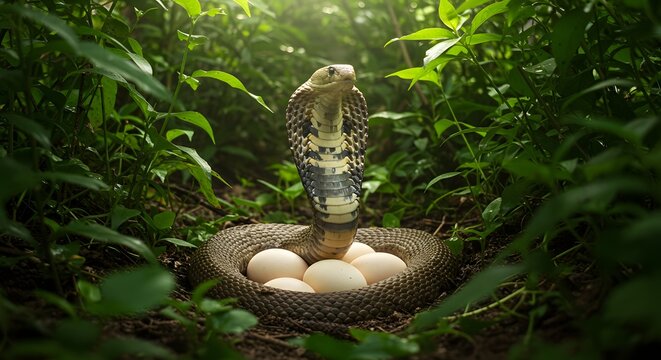A cobra naja guarding its nest of eggs surrounded by green plants in a forest with soft lighting
