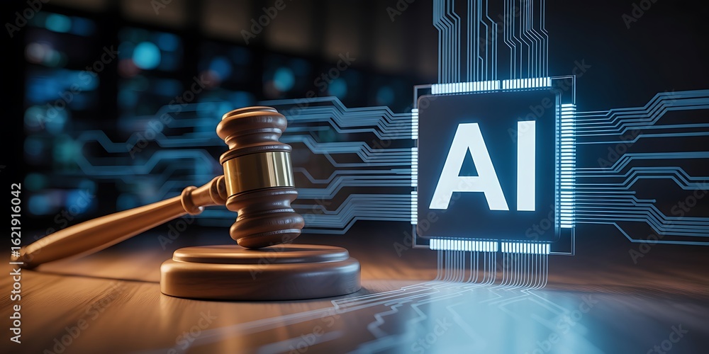 Poster wooden gavel and a i chip with glowing circuit lines on dark background artificial intelligence tech