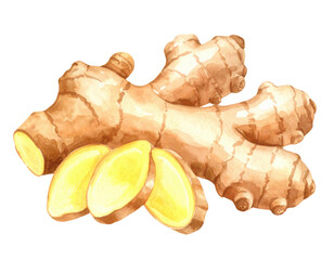 A delicate watercolor painting of fresh ginger with sliced pieces