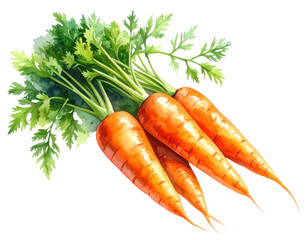 Watercolor painting of fresh carrots with green tops