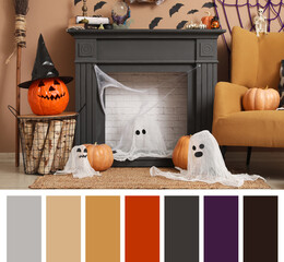 Interior of living room with fireplace, armchair, pumpkins and Halloween decorations