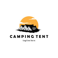 Camping tent logo design with a simple silhouette of a cool wilderness adventure with a modern minimalist design tent as a template illustration