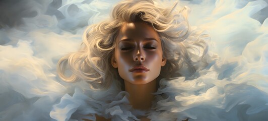 a light lady Angel , coming out of the smoke , generative AI