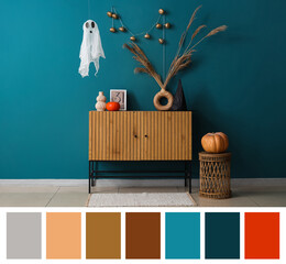 Interior of room decorated for Halloween with ghost and commode