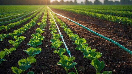 Obraz premium Crop Field Irrigation with Young Plants Growing