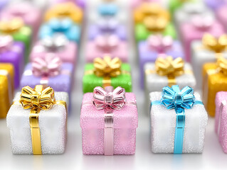 Colorful wrapped gift boxes with glossy ribbons presenting festive mood, symbolizing celebration and marking memorable moments with decorative packaging