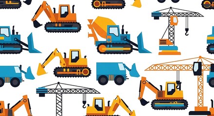 Seamless Pattern Featuring Colorful Construction Vehicles Ideal for Children's Themes