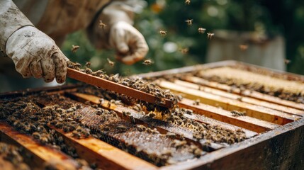 Detailed view of a beekeeper using a hive tool to separate frames showcasing buzzing bees collecting nectar in a flourishing apiary environment.