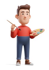 3D Cartoon Artist Holding Paintbrush and Palette