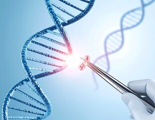 A conceptual illustration of gene editing, showing a gloved hand using tweezers to modify a DNA strand, symbolizing genetic engineering and biotechnology advancements.
