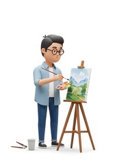 3D Render of Male Artist Painting Landscape on Canvas