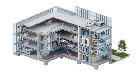 Isometric illustration of a modern building showcasing integrated hvac systems and ductwork design