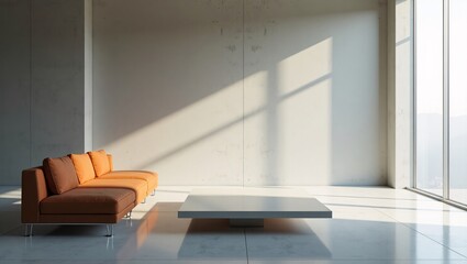 Ghost Furniture Living Room with Brutalist Walls and Orange Color Anchor