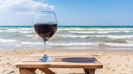 Red Wine on Sunny Beach Glass on Wooden Table