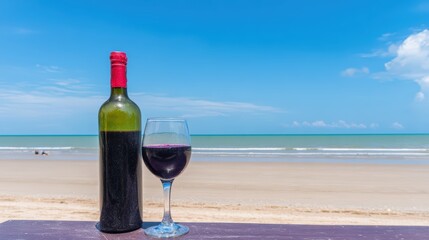 Red Wine Bottle And Glass On Sunny Beach Table