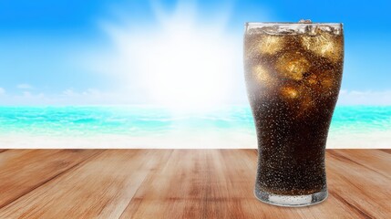 Refreshing Brown Soda with Ice on Sunny Beach