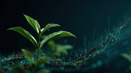 A young plant growing with digital data visualization overlay, symbolizing growth, technology, and innovation in agriculture or environmental science.