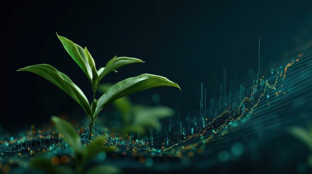 A young plant growing with digital data visualization overlay, symbolizing growth, technology, and innovation in agriculture or environmental science. - Powered by Adobe
