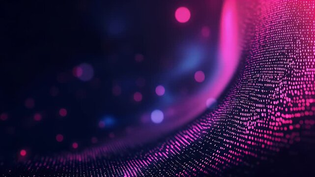 Abstract binary data grid with pink waves and blue bokeh lights