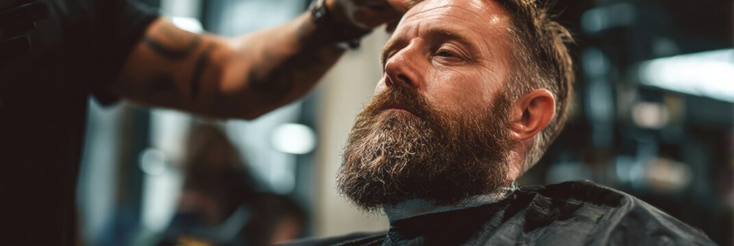 Man With Beard Receives Hair Trim in Modern Barbershop During Afternoon Appointment