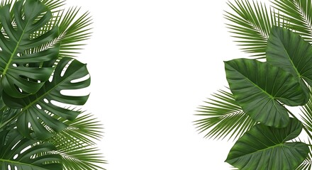 Tropical green leaves, monstera and palm leaves, isolated on white background