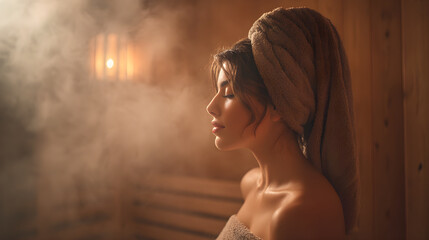 Rejuvenating Relaxation: Young Woman Unwinding in a Steam-filled Wooden Sauna, Enveloped in a Soft Towel, Embracing Tranquility and Serenity