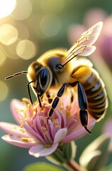 Bee Pollinating Pink Flower Close Up Nature Macro Photography Sunlight
