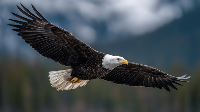 Majestic bald eagle soaring through the sky over a mountainous landscape with blurred background