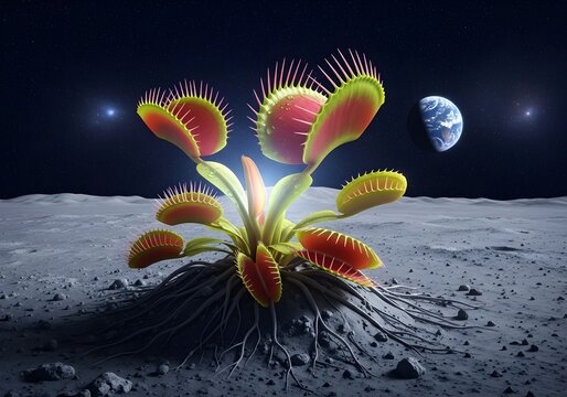 Intriguing Venus flytrap growing on the moon with Earth visible in the background like a dream