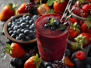 Berry smoothie in glass garnished with mint, sitting alongside scattered fresh mixed berries on dark rustic surface, highlighting vibrant purple, red, blue fruit colors