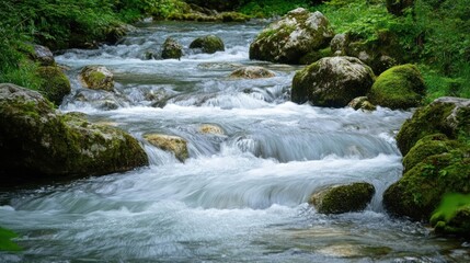 Mountain stream flowing over rocks in lush forest
