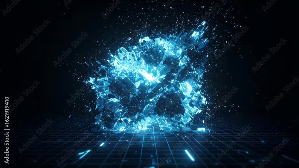 Poster abstract blue crystalline structure explodes over a grid. fragments scattered. dark background