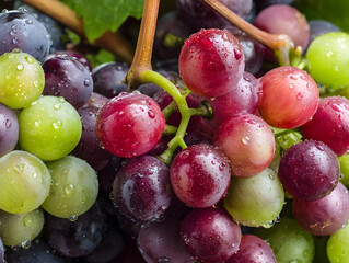 Ripe red, purple, green grapes clustering on sun-drenched vineyard vines, displaying rich colors and suggesting imminent grape harvest season