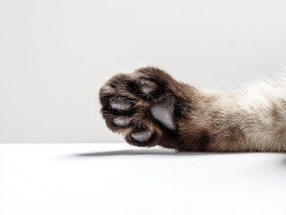 Obraz premium Cat paw on white surface, indoor shot, relaxed pose. Possible use pet
