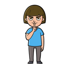 Fototapeta premium Cartoon character making a shush gesture with a finger on their lips. A young person with a mischievous expression asking for silence and secrecy.