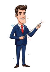Confident Businessman Presenting with Pointer, Cartoon Illustration
