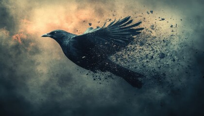 Mysterious Black Crow Dissolving into Particles in a Dark, Ethereal Sky