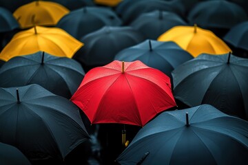 Visual metaphor of individuality with colored umbrellas surrounded by monochrome crowd