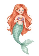Cute Mermaid Illustration with Red Hair and Seashell