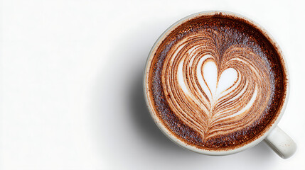 A beautifully crafted latte art heart design in a white cup on a bright background